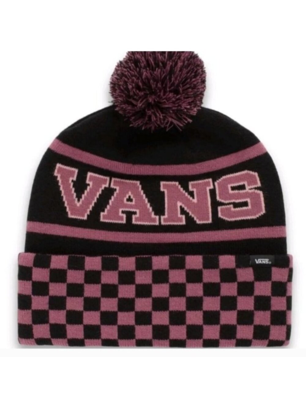 Vans Pink & Black Checkered Beanie Pom Hat With Logo Design 062026